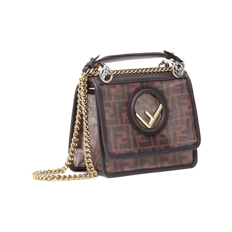 FENDI Kan I Tech Mesh Material Patchwork Leather One Shoulder Handbag Crossbody Bag Mini Women's Brown-2