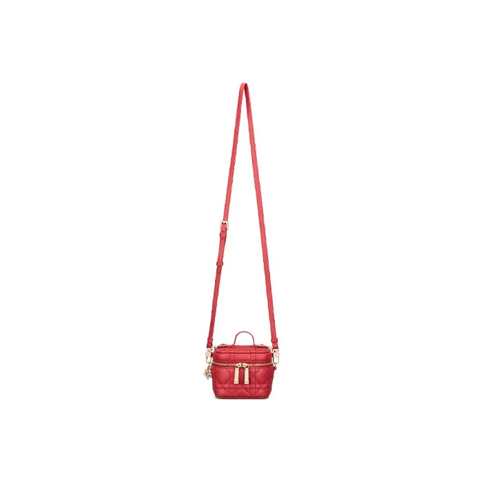 DIOR Lady Dior Lambskin Box Bag Shoulder Bag Crossbody Bag Handbag Makeup Bag Women's Lotus Red-3