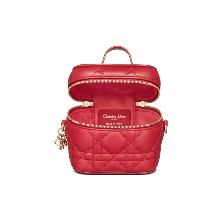 DIOR Lady Dior Lambskin Box Bag Shoulder Bag Crossbody Bag Handbag Makeup Bag Women's Lotus Red-4