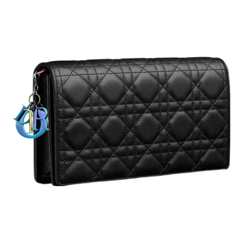 DIOR Sheepskin Wicker Pattern Zip Closure With Card Slot Zipper Pocket Clutch Women's Black-1