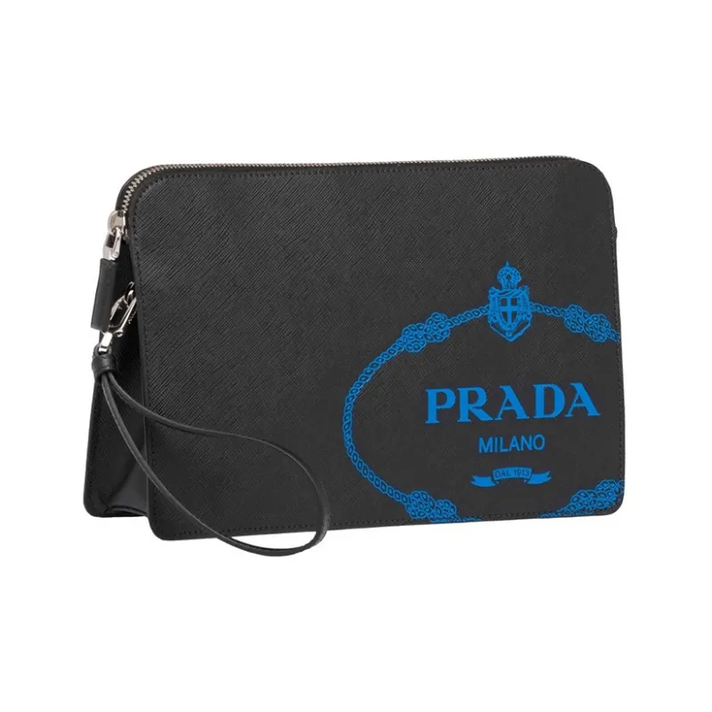 PRADA Cow Leather Clutch Men's Black-3