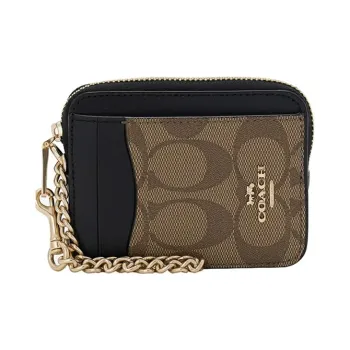 COACH Card Case Canvas With Leather Wallet Clutch Coin Purse Women's Khaki/Black