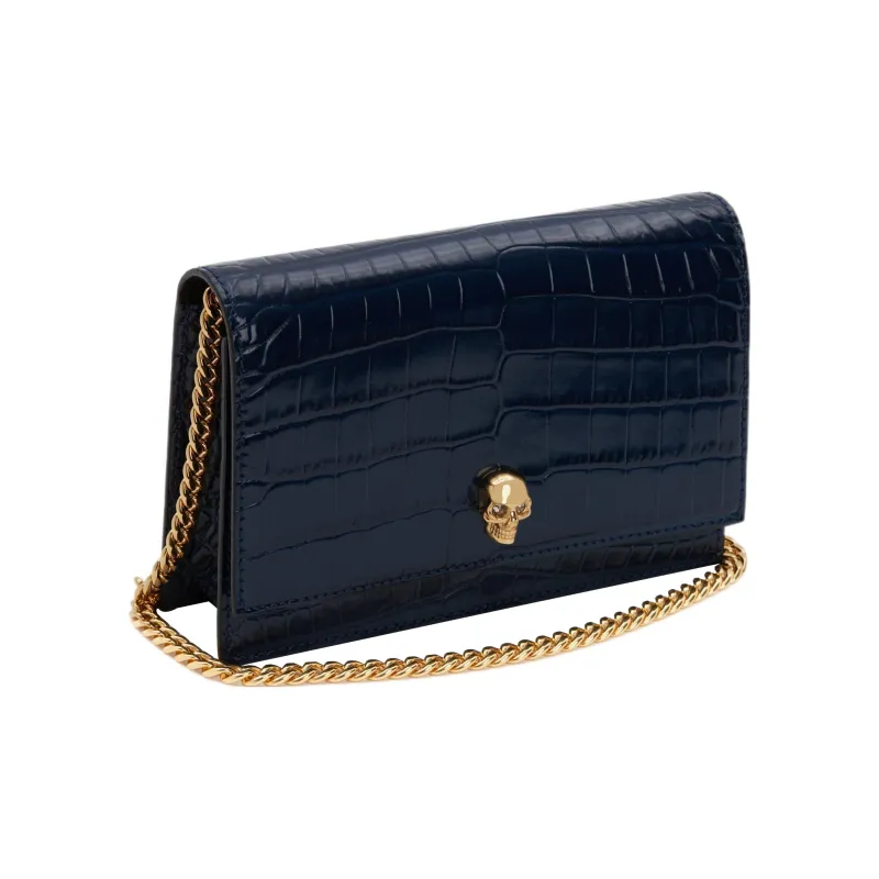 Alexander McQueen Crocodile Embossed Calfskin Shoulder Bag Small Size Women's Navy-1