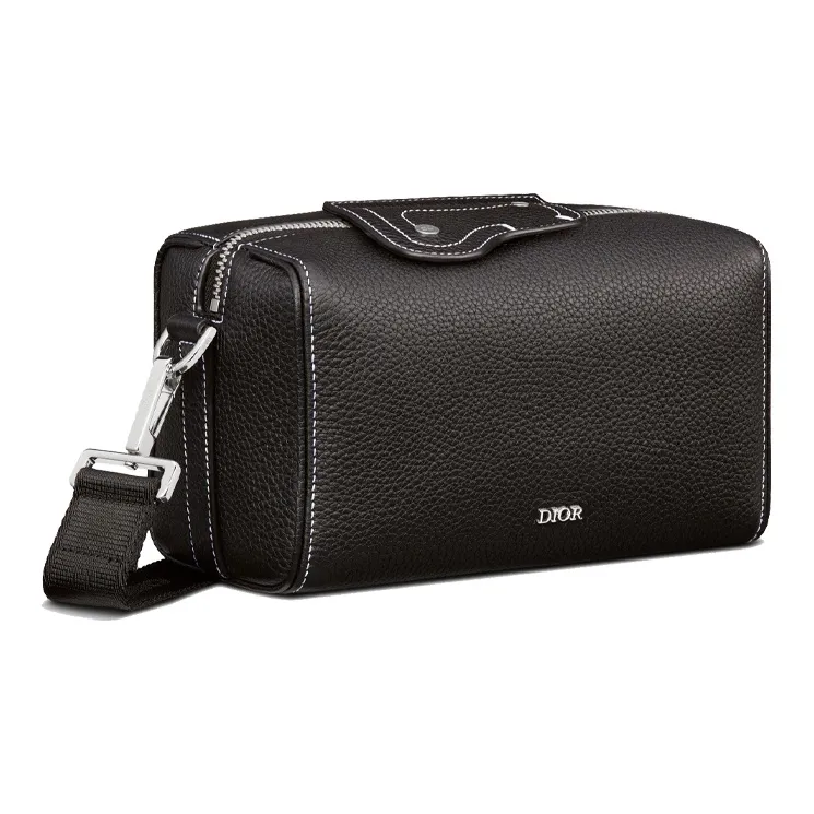 DIOR Grained Calfskin Saddle Bag Cylinder Bag Shoulder Bag Crossbody Bag Men's Black-1