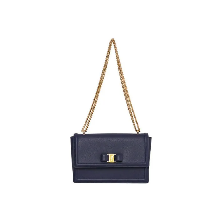 FERRAGAMO Calfskin Bowknot Bag Chain Bag Handbag Shoulder Bag Crossbody Bag Women's Navy Blue-0