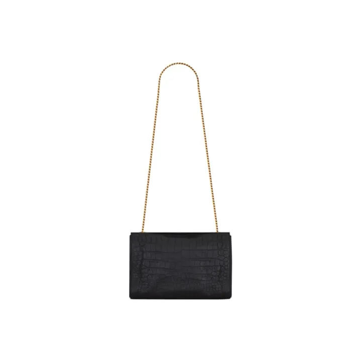 SAINT LAURENT KATE Crocodile Pattern Embossed Cow Leather Shoulder Bag Crossbody Bag Medium Size Women's Black/Brick-2
