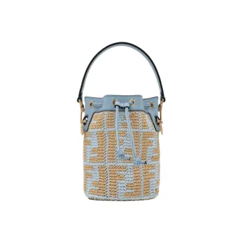 FENDI Mon Tresor Linen Woven Patchwork Leather Bucket Bags Handbags Mini Women's Blue/Brown