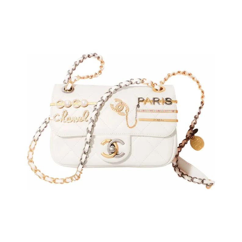 CHANEL Lambskin With Rhinestone Flap Bag, Crossbody Bag, Shoulder Bag Mini Women's White-0