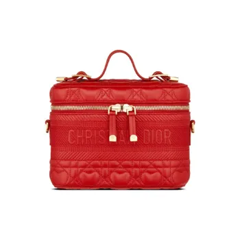 DIOR Wicker Pattern Sheepskin Makeup Bag Small Size Women's Red