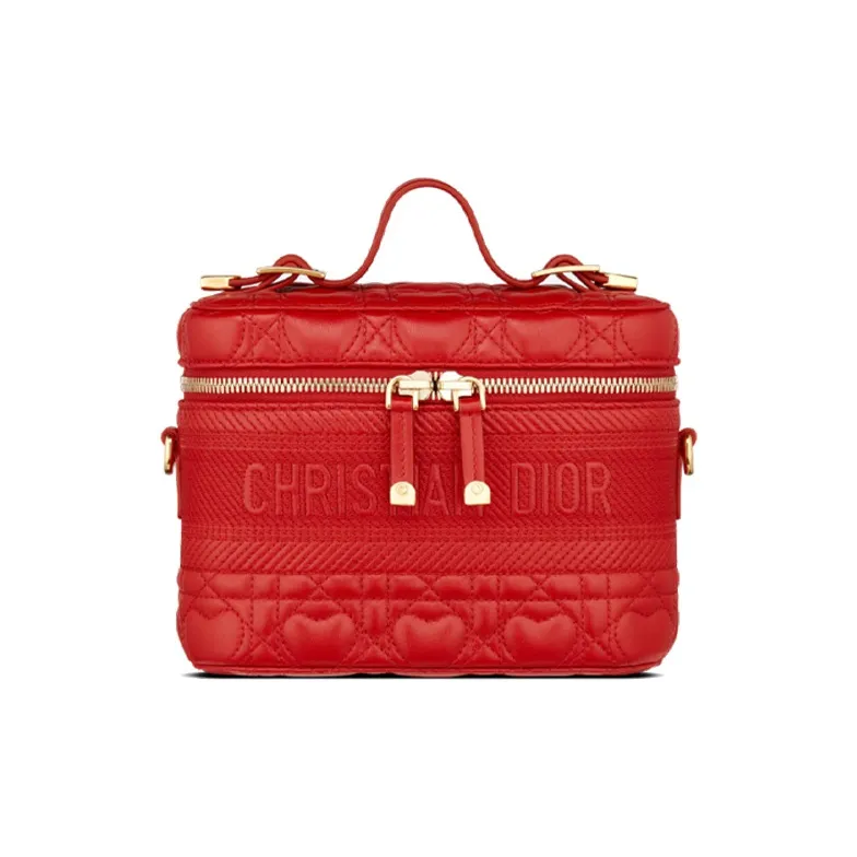 DIOR Wicker Pattern Sheepskin Makeup Bag Small Size Women's Red-0