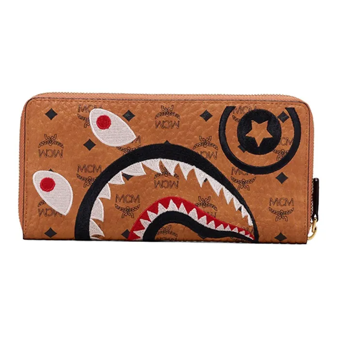A BATHING APE MCM Shark Zip Collaboration Collection Wallet Unisex Brown-1