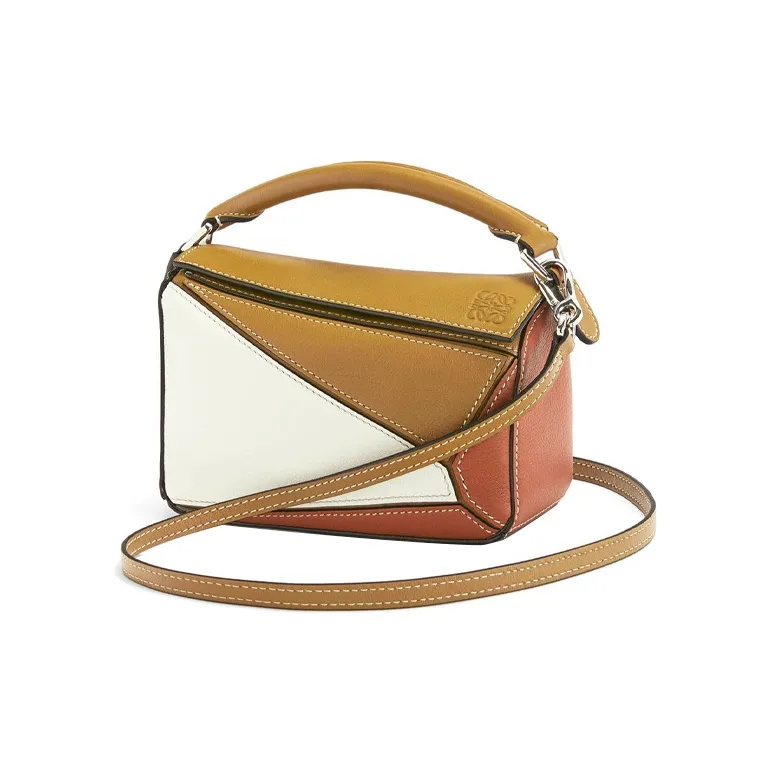 LOEWE Puzzle Cow Leather Geometric Bag Portable Crossbody Bag Shoulder Bag Mini Women's White/Brown-1