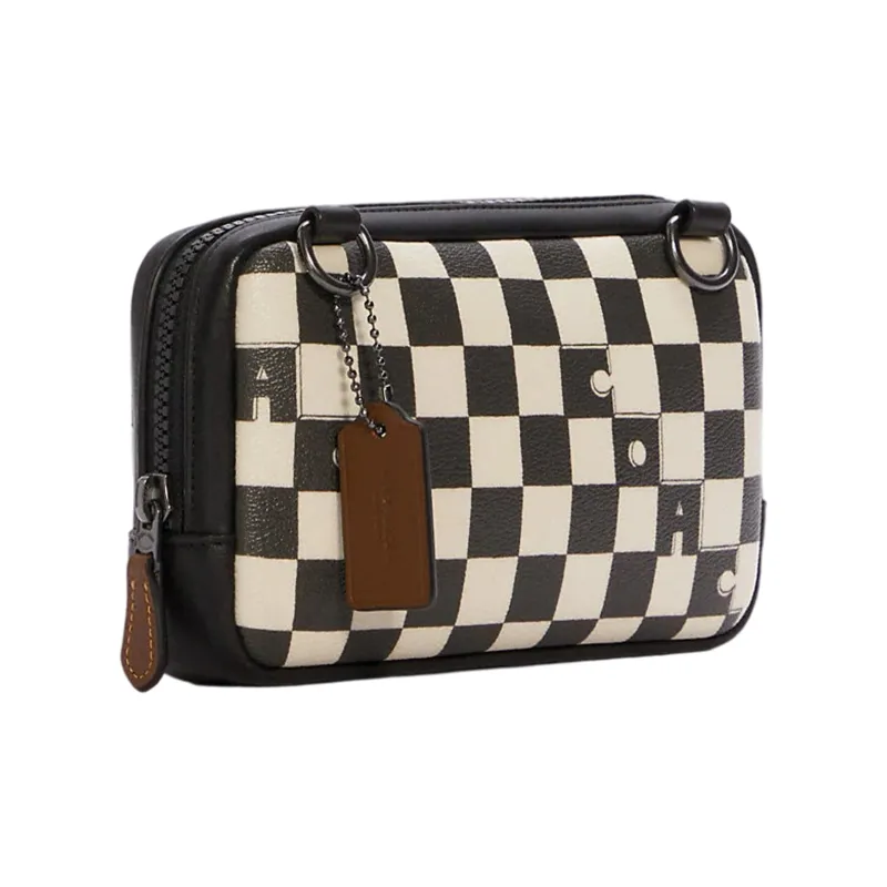 COACH Carrier Cow Leather Cell Phone Pouch, Pochette, Shoulder Bag, Crossbody Bag Small Size Unisex Black White-1
