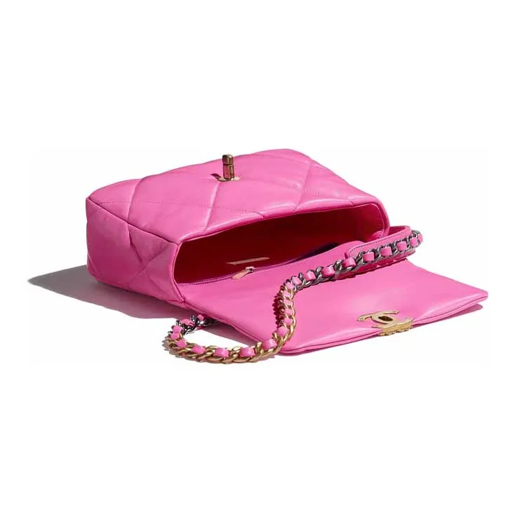 CHANEL 19Bag Smooth Finish Lambskin Chain Shoulder Bag, Crossbody Bag Trumpets Women's Neon Pink Red-2