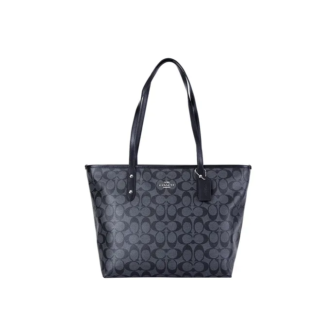 COACH City Zip Tote Canvas With Leather Tote Bag, Shopping Bag, Handbag, Shoulder Bag Women's Black-0