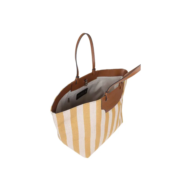 Furla Meraviglia Leather Trim Tote Bag Shopping Bag Handbag Medium Size Women's Cream Multicolor With Brown And Yellow-3