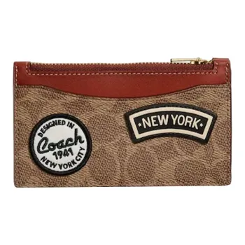COACH Card Case Canvas With Leather Card Clip Zero Wallet Card Holder Unisex Brown