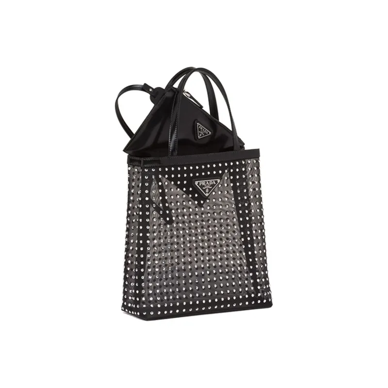 PRADA Fabric Leather Tote Bag Shopping Bag Combo Bag Handbag Small Size Women's Black-3