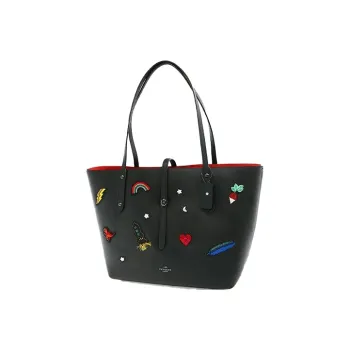 COACH Market Tote Polished Grained Leather Tote Bag Handbag Shoulder Bag Large Size Women's Black