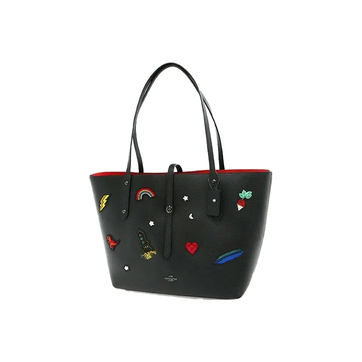 COACH Market Tote Polished Grained Leather Tote Bag Handbag Shoulder Bag Large Size Women's Black-0