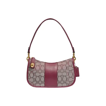 COACH Swinger Jacquard Fabric With Leather Shoulder Bag Crossbody Bag Medium Size Women's Burgundy Red Brown Monogram
