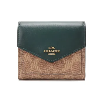 COACH Signature Canvas Clutch Envelope Bag Wallet Small Size Women's Forest Green With Brown