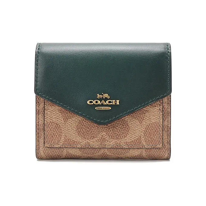 COACH Signature Canvas Clutch Envelope Bag Wallet Small Size Women's Forest Green With Brown-0