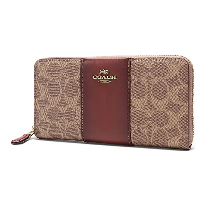 COACH Accordion Zip Canvas With Leather Canvas Bag Hand-Operated Accordion Wallet Women's Brown Multicolor Monogram-1