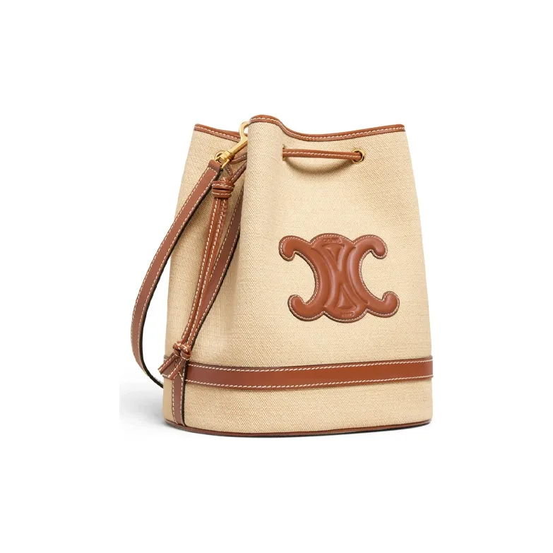 CELINE Fabric And Cow Leather Handbag Bucket Bag Shoulder Bag Crossbody Bag Handbag Women's Yellow Brown-1