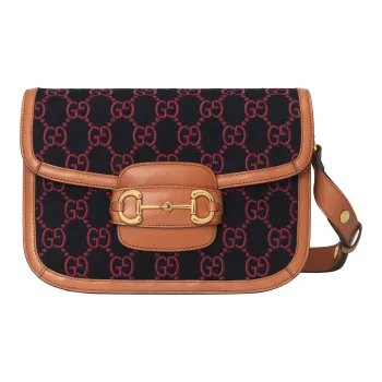 GUCCI Horsebit 1955 Wool Suede One Shoulder Handbag Crossbody Bag Women's Dark Blue/Fuchsia/Brown