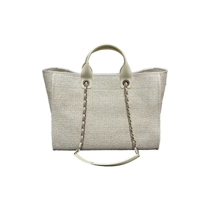 CHANEL Fabric Tote Bag, Shopping Bag, Beach Bag, Shoulder Bag, Crossbody Bag, Chain Bag, Handbag Women's White-1