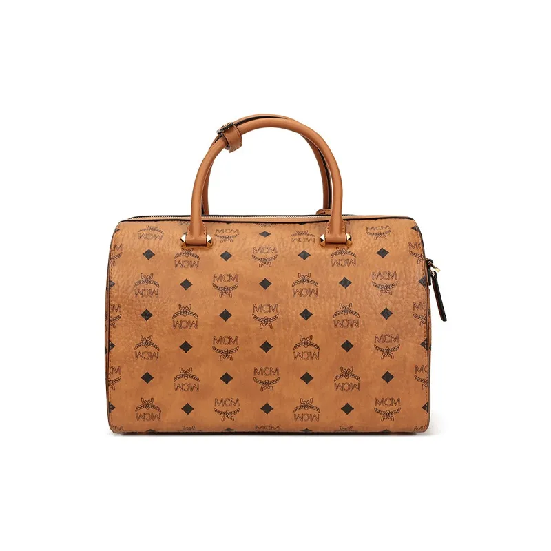 MCM Essential Visetos Origina Canvas With Leather Boston Bag, Handbag, Crossbody Bag, Shoulder Bag Women's Brown Cognac-2
