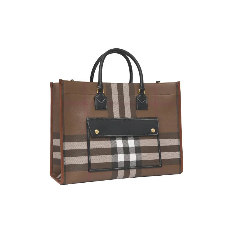 Burberry Check And Leather Freya Tote Bag Medium Dark Birch Brown-2