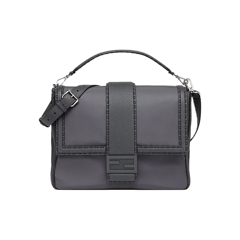 FENDI Baguette ECONYL® Recycled Nylon Courier Bag One Shoulder Handbag Crossbody Bag Large Size Men's Gray-0