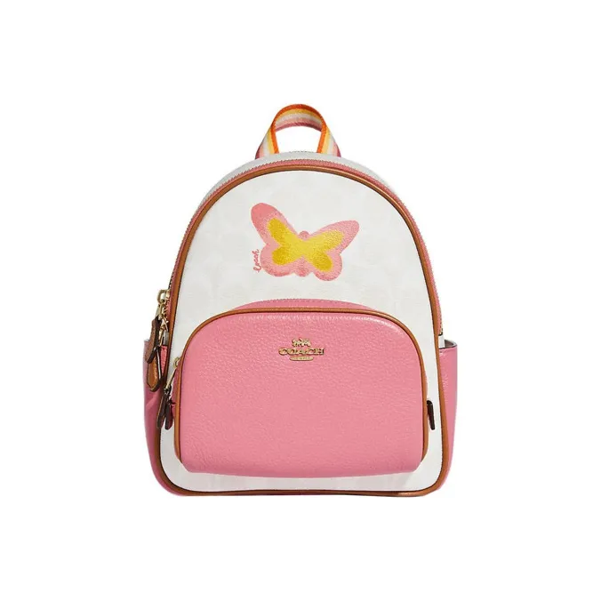 COACH Court Canvas With Leather Backpack Regular Women's Cherry Blossom Pink & White-0