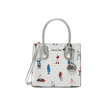MICHAEL KORS Jet Set Artificial Leather Trunk Bag, Shoulder Bag, Crossbody Bag, Handbag Trumpets Women's White & Silver