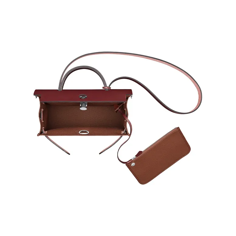 HERMES Herbag Zip Cowhide Patchwork Canvas Handbag Shoulder Bag Crossbody Bag Women's Burgundy/Dark Brown-3