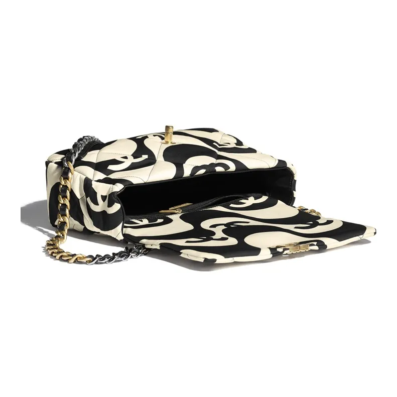 CHANEL 19Bag Print Fabric Metal Chain Flap Crossbody Portable One Shoulder Backpack Tubas Women's Black-3