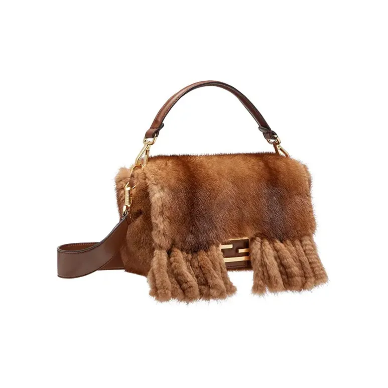 FENDI Baguette Mink Fur Blended With Lambskin Baguette Bag Handbag Shoulder Bag Crossbody Bag Medium Size Women's Brown-1