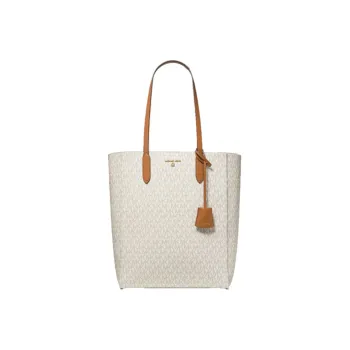MICHAEL KORS Canvas Cotton Tote Bag, Shopping Bag, Tote Handbag Tubas Women's Vanilla White & Acorn Brown