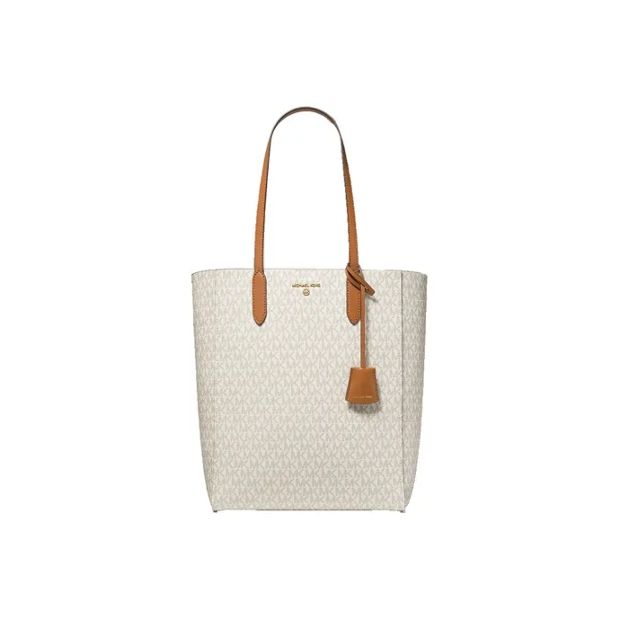 MICHAEL KORS Canvas Cotton Tote Bag, Shopping Bag, Tote Handbag Tubas Women's Vanilla White & Acorn Brown-0