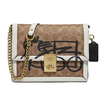 COACH PVC Small Square Bag Chain Crossbody Bag Shoulder Bag Women's White Brown & Multicolor