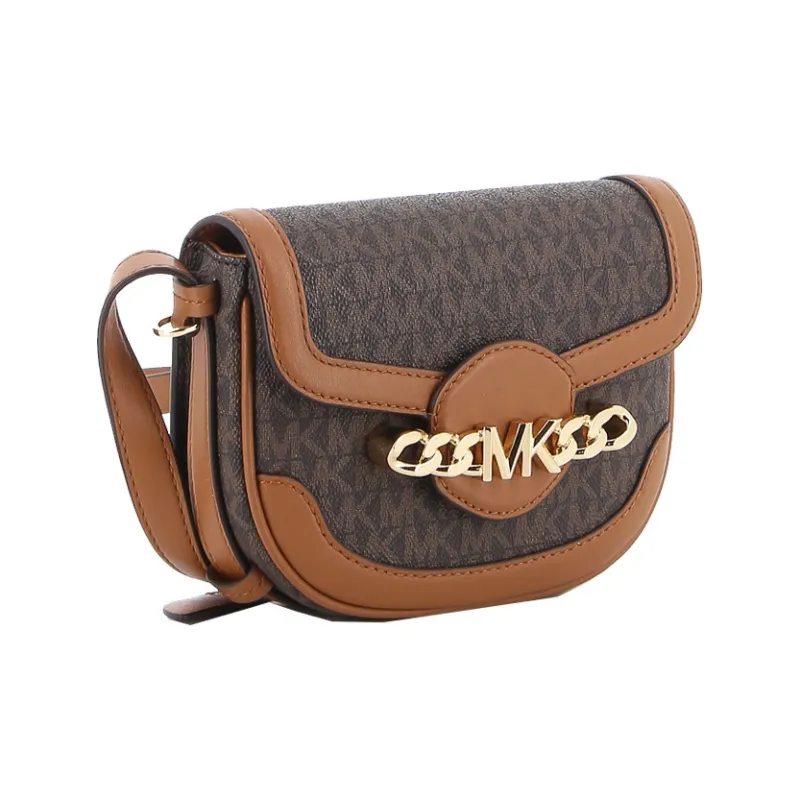 MICHAEL KORS Hally Cow Leather Saddle Bag, Crossbody Bag, Shoulder Bag Women's Brown Black Multicolor-1