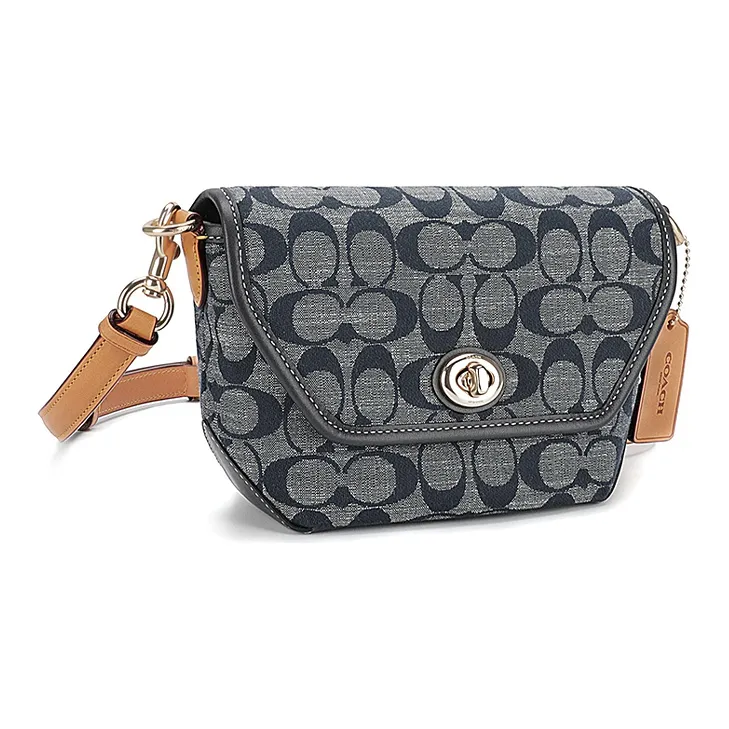 COACH Karlee Fabric With Cow Leather Shoulder Bag, Crossbody Bag Trumpets Women's Denim Blue-1