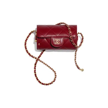 CHANEL Sheepskin Coin Purse, Clutch Crossbody Bag Women's Burgundy