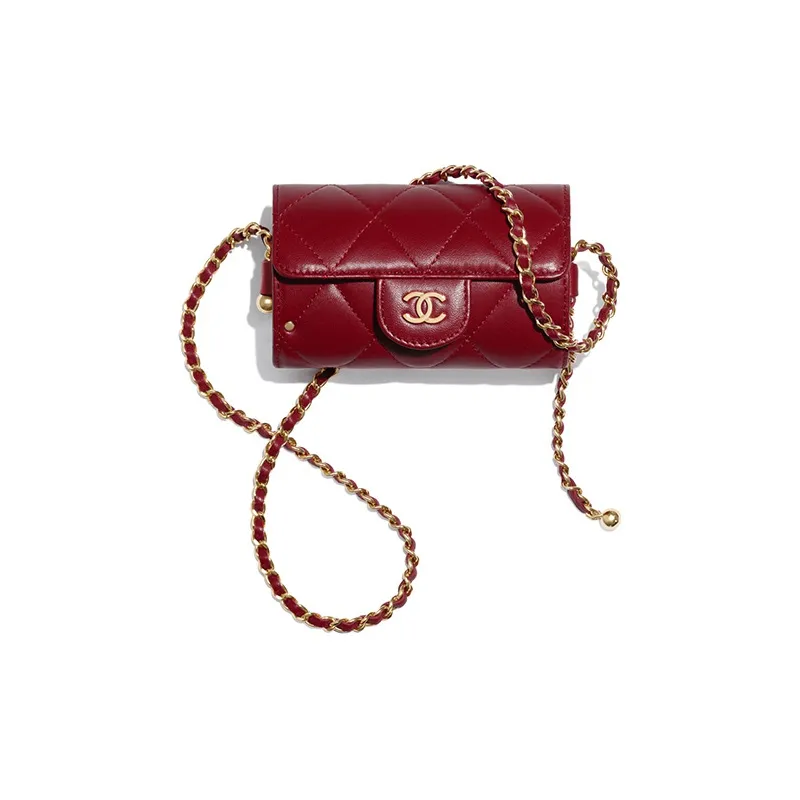 CHANEL Sheepskin Coin Purse, Clutch Crossbody Bag Women's Burgundy-0