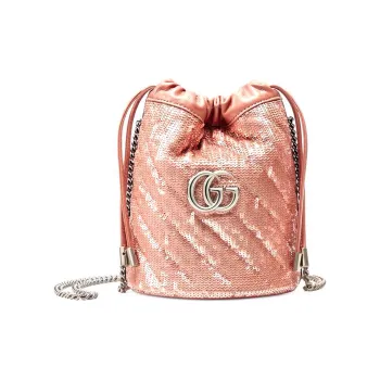 GUCCI Marmont Quilted Sequined Silk With Leather Bucket Bag, Shoulder Bag, Crossbody Bag Mini Women's Light Pink