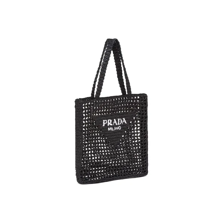 PRADA Raffia Fiber Tote Bag, Shopping Bag, Shoulder Bag, Handbag Women's Black-1