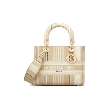 DIOR Lady Dior Striped Embroidered One Shoulder Handbags Medium Size Women's Beige