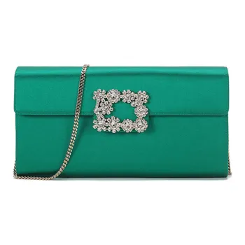 Roger Vivier Flower Strass Silk Satin Envelope Bag Shoulder Bags Women's Green Gold